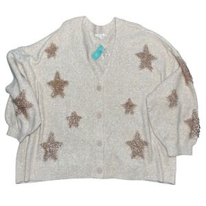 Maurices Womens 3X Star Tinsel Cardigan Sweater Oatmeal Rose Gold Metallic NEW